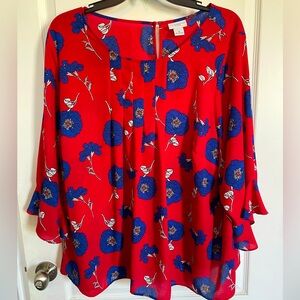 3/4 SLEEVE FLOWY WOMENS PLUS TOP 3x LIZ CLAIBORNE RED with BLUE FLOWERS